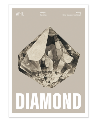 April birthstone art print with grey background. Diamond illustration with birthstone meaning wall poster for crystal lover, April birthday or Christmas gifting.