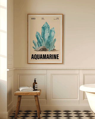 Aquamarine birthstone art print hanging on modern bathroom wall. March birthday crystal poster.