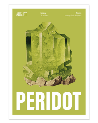 August birthstone art print featuring peridot crystal illustration. Modern peridot poster with the meaning behind the birthstone. muted green background with white lettering