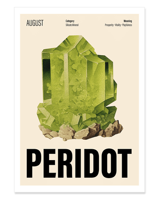 August birthstone art print featuring peridot crystal illustration. Modern peridot poster with the meaning behind the birthstone