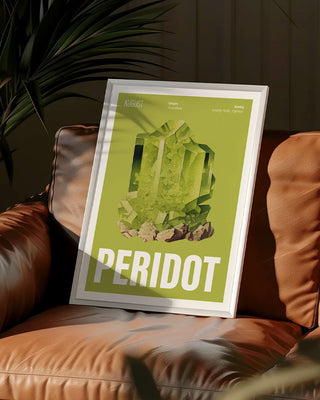 August birthday gift art print. Green peridot birthstone wall art with the meaning behind the crystal. Perfect for personalised Christmas gift