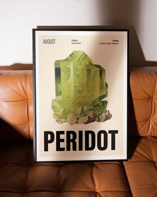 August birthday birthstone wall art print. Modern cream background with peridot crystal illustration on leather sofa in living room.