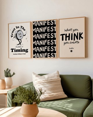 Cream and black gallery wall. Three art prints on wall with law of attraction vibes, Buddha quotes and meaningful messages. Boho, premium stye living room.