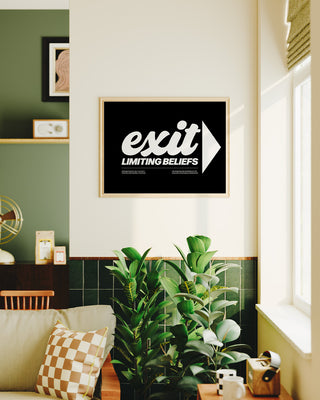 Self development inspired art print. Exit limiting beliefs wall art, drool art print. Contemporary original unique wall art print in modern living room. Mental health poster