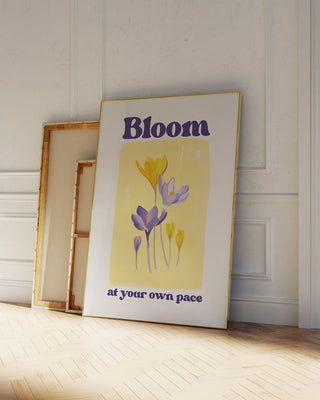 Bloom at your own pace art print. Watercolour unique hand painted spring flowers wall art decor in gold frame. Flower painting with positive quote, feel-good uplifting wall art poster