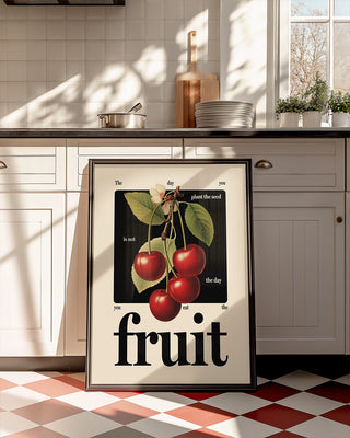 Vintage cherry illustration with positive quote wall art. Kitchen wall decor, cherry vibes, cherry red. Trending wall art print poster in black frame. The Day You Plant the Seed Is Not the Day You Eat the Fruit poster. Growth mindset art