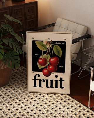 Vintage cherry illustration with positive quote wall art. Living room wall decor, cherry vibes, cherry red. Trending wall art print, drool art. The Day You Plant the Seed Is Not the Day You Eat the Fruit poster.
