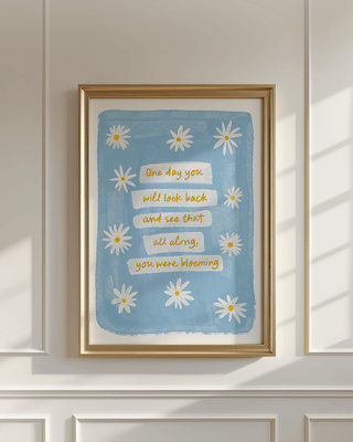 Uplifting daisies spring art print. Daisy positive quote feel good poster. Blue watercolour art print with butter yellow floral daisies illustration