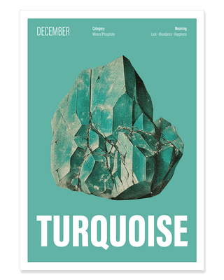 Unique contemporary art print featuring a turquoise birthstone for December birthday with green background.