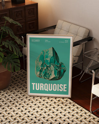 Large art print in retro living room featuring a turquoise birthstone for December birthday. Turquoise watercolour illustration for December crystal birthday gift.