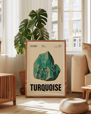 Vintage-inspired December birthstone poster featuring a watercolour turquoise illustration which combines positive energy with a classic infographic style. Living room decor for crystal lovers.