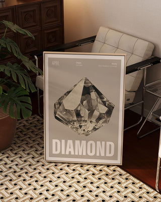 April birthstone art print in vintage living room. Large diamond illustration poster with birthstone meaning. The frame is leaning on retro chair. The perfect gift for crystal lovers, April birthdays or Christmas gifting.