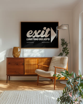 Self development inspired landscape art print. Mindset quotes. Exit limiting beliefs wall art, drool art print. Contemporary original unique wall art print in retro living room. Mental health poster