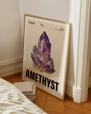 Amethyst crystal art print in bedroom with cream background. Contemporary large wall art print for February birthstone, neutral bedroom, modern aesthetic.