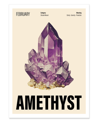 Amethyst crystal art print in cream. Contemporary wall art illustration for February birthstone.