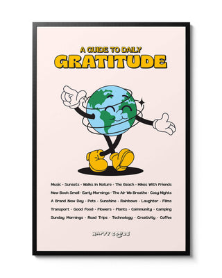 "A Guide to daily Gratitude" free download motivational inspiring poster.  Art print set in black frame with affirmations.