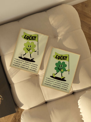 I am lucky affirmations print framed, retro mascot character. Art inspired by lucky girl, walking four leaf clover illustration.