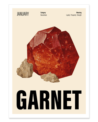 Contemporary art print for January birthday featuring a crystal garnet birthstone. Unique wall art in cream.
