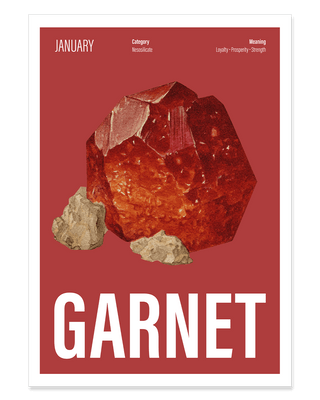 Contemporary art print for January birthday featuring a crystal garnet birthstone. Unique wall art in red.