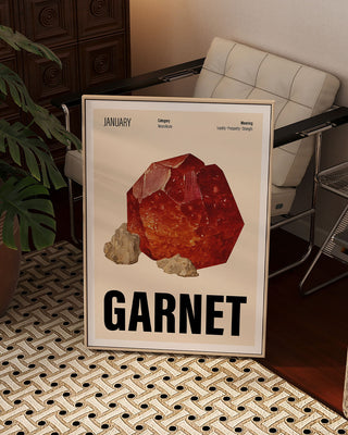 January garnet birthstone gifting art print. Contemporary unique wall poster featuring crystal illustration in modern living room, cream background.