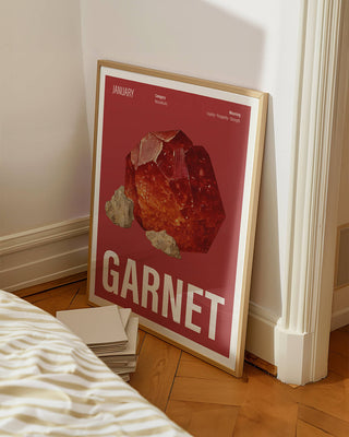 January garnet birthstone art print. Contemporary unique wall poster featuring crystal illustration in bedroom, red background.
