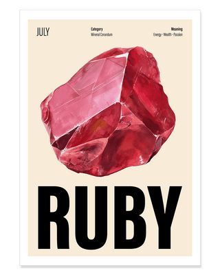 Contemporary ruby crystal art print for July birthstone in cream.