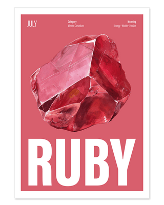 Contemporary ruby crystal art print for July birthstone in red.