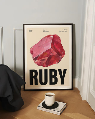 Contemporary unique art print featuring ruby crystal leaning on wall in modern living room. Coffee cup in living room.