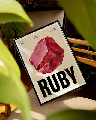Contemporary July birthstone wall art print. Leaning in living room surrounded by plants