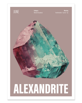 June birthstone art print with purple background. Contemporary alexandrite crystal illustration poster.