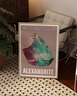 June birthstone art print with purple background in contemporary living room. Wooden framed poster with alexandrite crystal illustration for June birthdays and Christmas gifting.