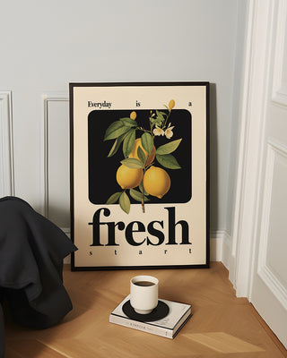 Contemporary lemon illustration art print in black frame. Positive, motivational quote poster. Unique art prints in living room decor.