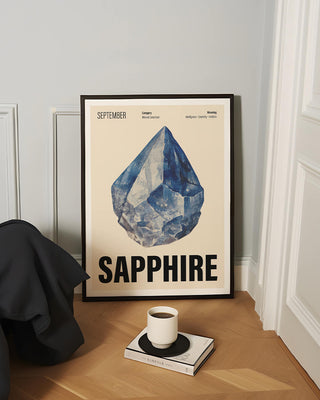 September birthstone sapphire crystal wall art print in black frame. Contemporary crystal design with watercolour illustration.