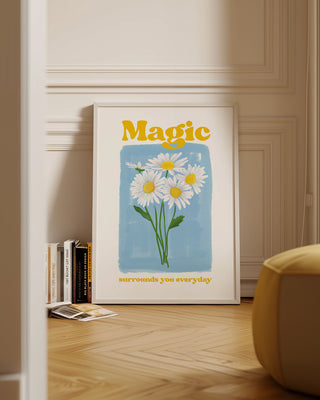Magic daisies painting art print. Living room decor, daisy wall art decor. Pastel blue and yellow decor