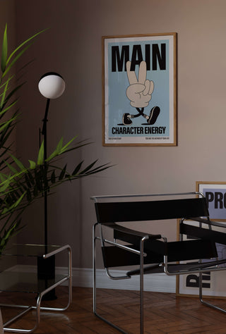 Main Character Energy print, positive print, contemporary print, mindfulness poster.Typography poster that reads "Main character energy" print. Main character retro mascot illustration wall art. trendy quote,  affirmation print manifestation print mental health prints positive quote print. gallery wall motivational. Retro Aesthetic Print, Affirmation Poster in blue and cream.