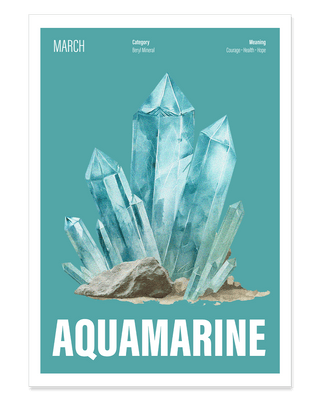 Aquamarine birthstone art print in blue. Blue March birthday crystal poster, contemporary illustrative design.