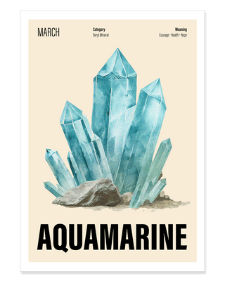 Aquamarine birthstone art print in cream. Blue March birthday crystal poster, contemporary illustrative design.