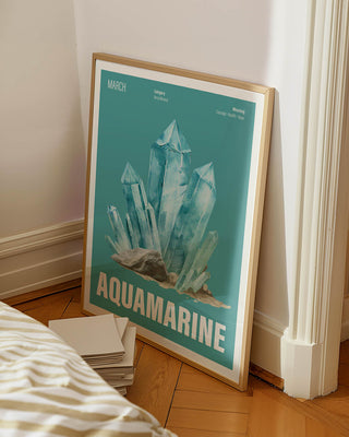 Aquamarine birthstone art print leaning on modern bedroom wall. Blue March birthday crystal poster, contemporary illustrative design.