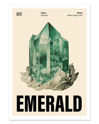 May birthstone poster featuring a watercolour emerald illustration in cream.