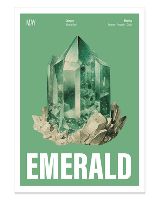 May birthstone poster featuring a watercolour emerald illustration in green.