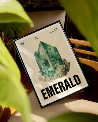 Vintage-inspired May birthstone poster featuring a watercolour emerald illustration. Large framed poster with black frame showing May crystal illustration for birthdays and Christmas gifting.