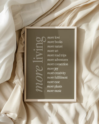 Mocha mousse trending art print. Slow living wellness mindfulness wall art decor. More love, more books poster in boho bedroom.