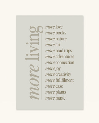 Modern slow living art print in grey and brown. Wellness mindfulness wall art decor. More love, more books poster for cosy reading nook in latte. Mental health gift in living room decor. Unframed