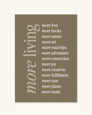 Mocha mousse trending art print. Slow living wellness mindfulness wall art decor. More love, more books poster for cosy reading nook in brown unframed. Mental health art gift.