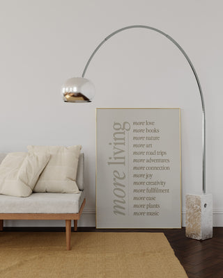 Modern slow living art print in grey. Wellness mindfulness wall art decor. More love, more books poster for cosy reading nook in latte. Mental health gift in living room decor.
