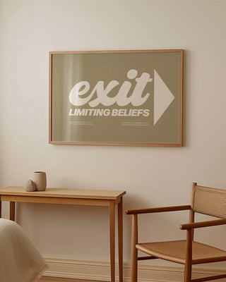 Empowering self development inspired art print in neutral and white colours. Exit limiting beliefs wall art. Drool art print, contemporary original unique wall art. Mental health poster
