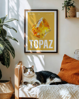 November birthday art print with topaz birthstone illustration in yellow. Wall art print is in black frame in quirky living room for dopamine decor.