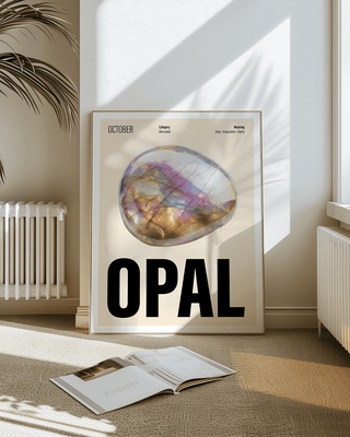 October birthstone art print with opal illustration. Contemporary wall art cream and black for crystal lovers.
