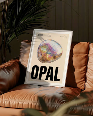 Contemporary wall art print framed featuring unique opal illustration. Art poster for October Christmas and birthdays.
