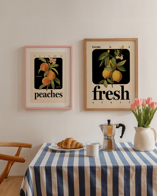 Lemon and peaches wall art set in breakfast kitchen. contemporary art with uplifting positive quotes